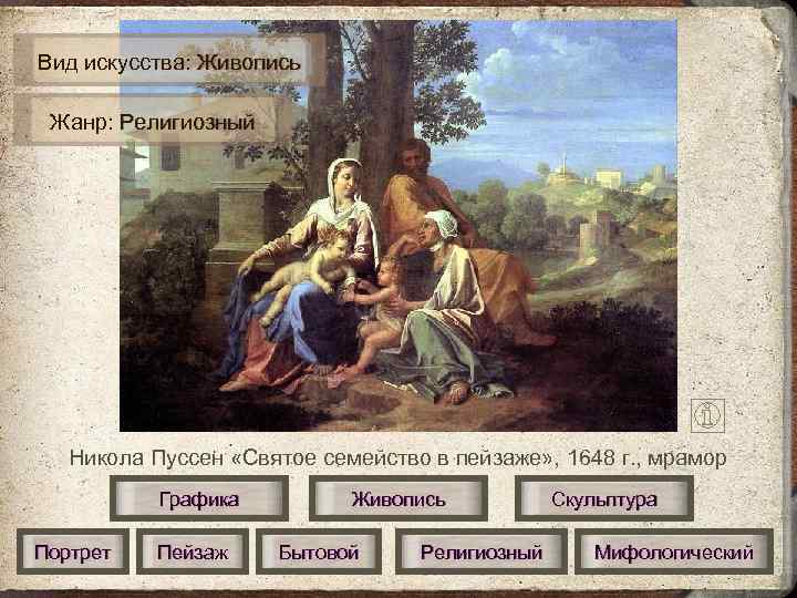 Вид искусства: Живопись  Жанр: Религиозный  Никола Пуссен «Святое семейство в пейзаже» ,