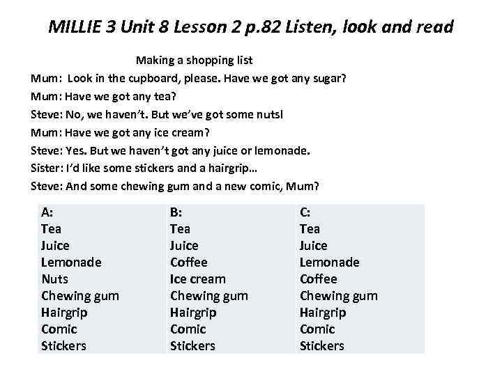  MILLIE 3 Unit 8 Lesson 2 p. 82 Listen, look and read