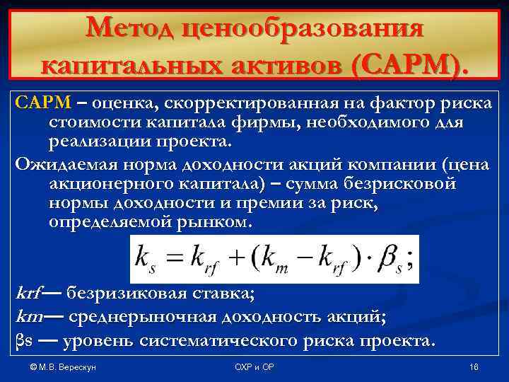  Метод ценообразования  капитальных активов (САРМ). САРМ – оценка, скорректированная на фактор риска