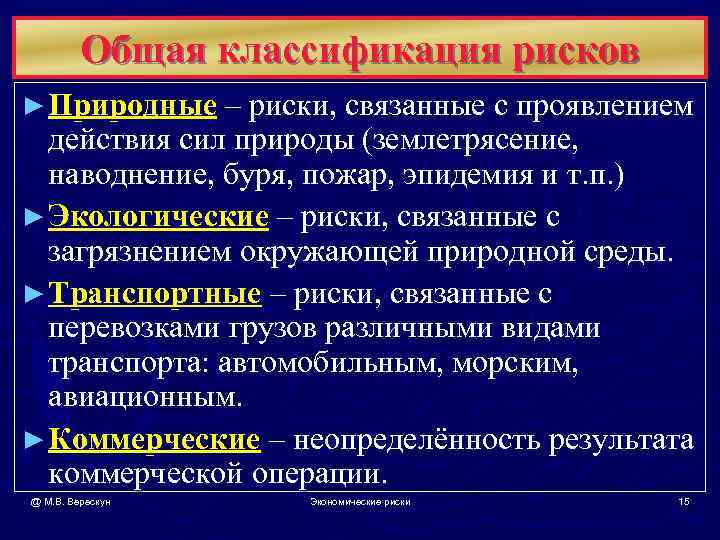    Общая классификация рисков ► Природные – риски, связанные с проявлением 