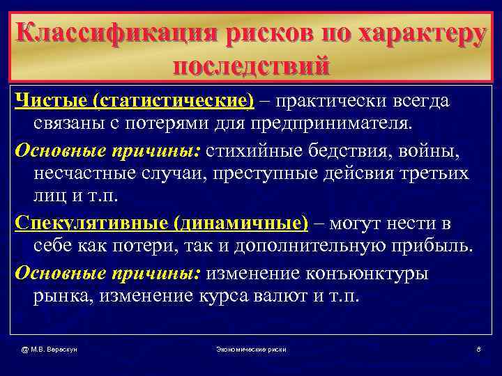 Классификация рисков по характеру  последствий Чистые (статистические) – практически всегда связаны с потерями