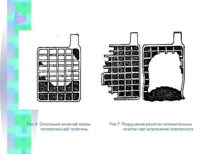 Рис. 6. Оползание активной массы  Рис. 7. Разрушение решеток положительных  положительной пластины
