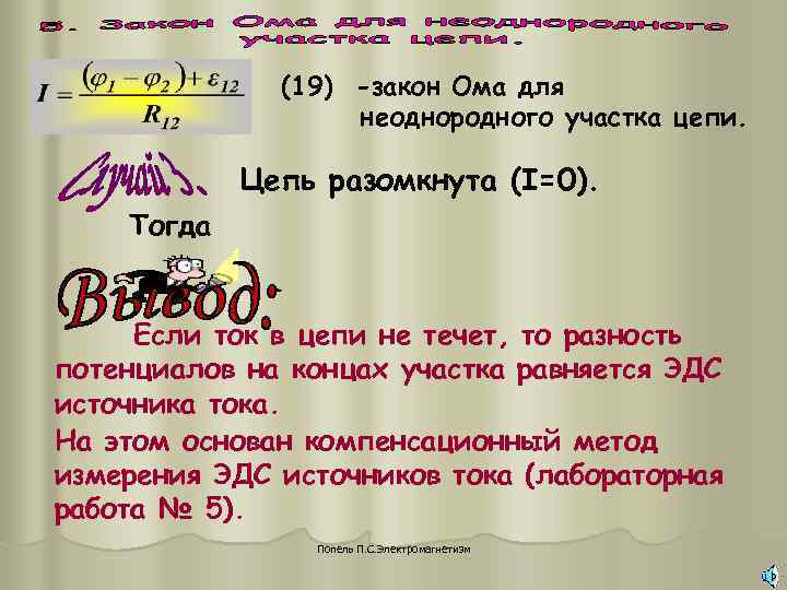 (19) -закон Ома для неоднородного участка цепи. (19) -закон Ома для неоднородного участка цепи.
