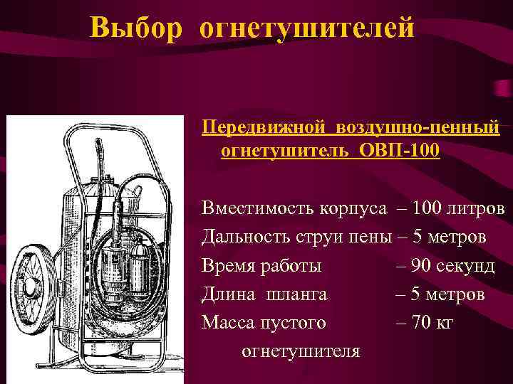 Выбор огнетушителей   Передвижной воздушно-пенный  огнетушитель ОВП-100  Вместимость корпуса – 100
