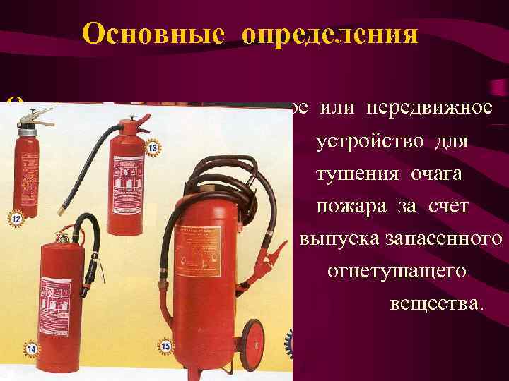  Основные определения Огнетушитель – переносное или передвижное     устройство для