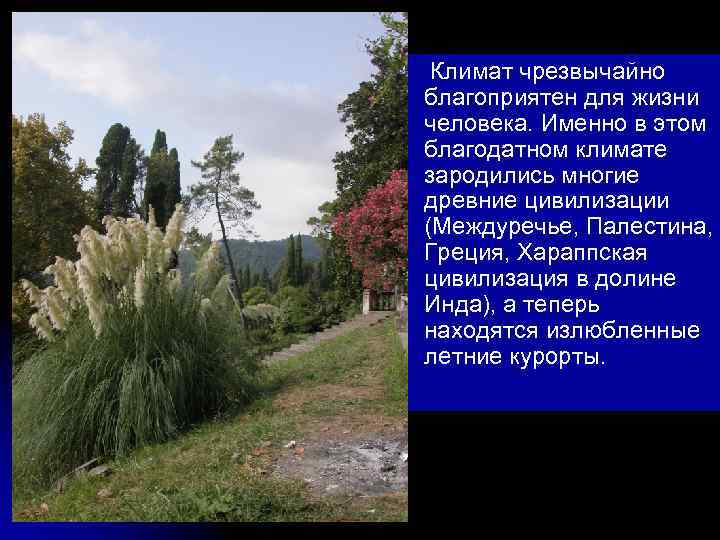  Климат чрезвычайно благоприятен для жизни человека. Именно в этом благодатном климате зародились многие