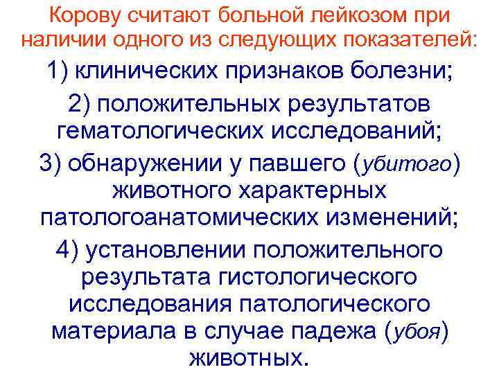  Корову считают больной лейкозом при наличии одного из следующих показателей:  1) клинических