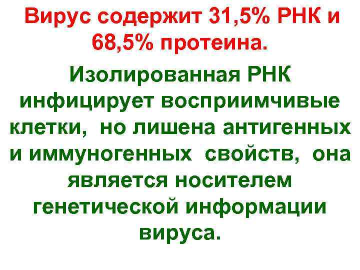  Вирус содержит 31, 5% РНК и  68, 5% протеина.  Изолированная РНК