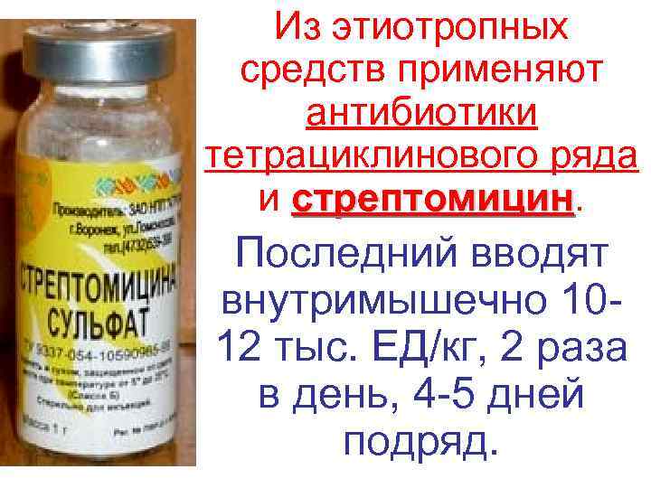   Из этиотропных  средств применяют  антибиотики тетрациклинового ряда  и стрептомицин