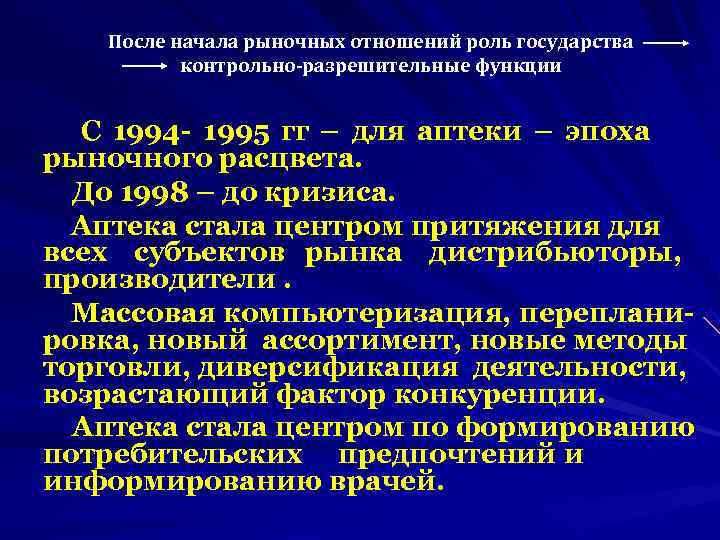   После начала рыночных отношений роль государства  контрольно-разрешительные функции С 1994 -