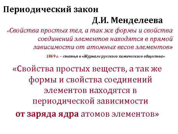 Периодический закон    Д. И. Менделеева «Свойствапростых тел, а так же формы