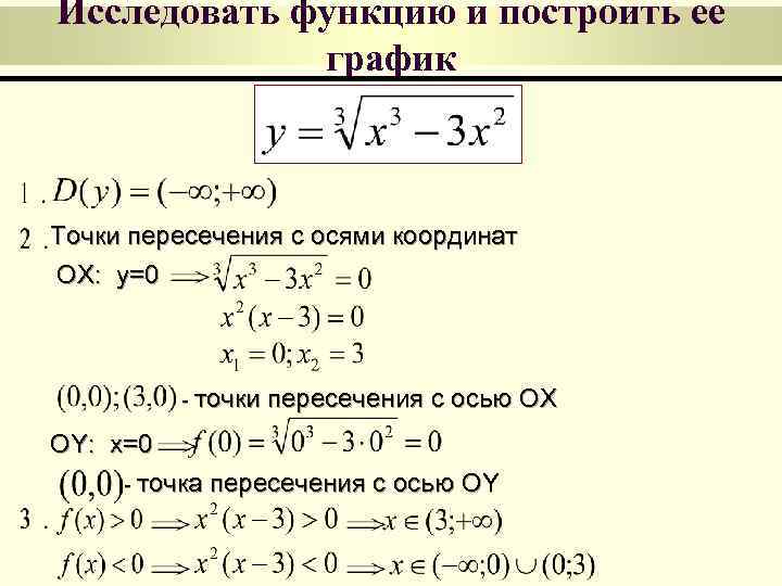 Исследовать функцию и построить ее   график  Точки пересечения с осями координат