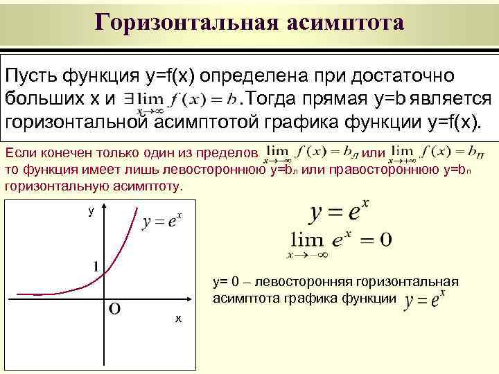   Горизонтальная асимптота Пусть функция y=f(x) определена при достаточно больших x и 
