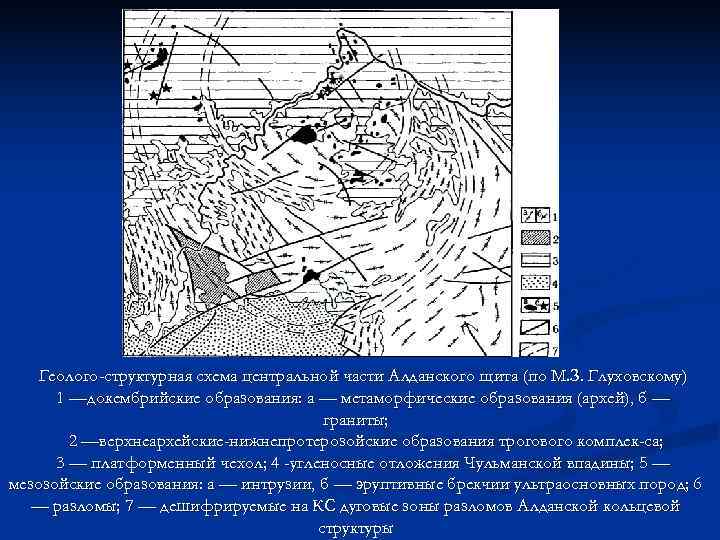   Геолого-структурная схема центральной части Алданского щита (по М. З. Глуховскому)  1