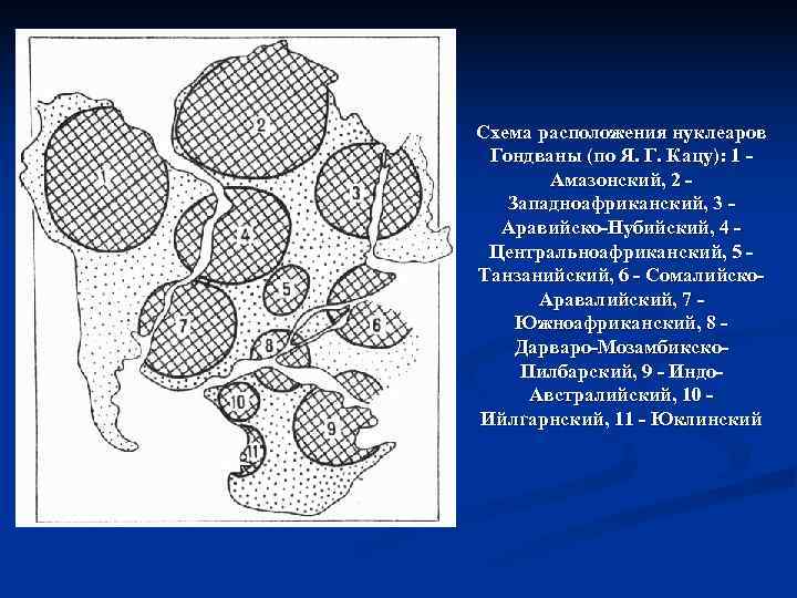 Схема расположения нуклеаров Гондваны (по Я. Г. Кацу): 1 -  Амазонский, 2 -