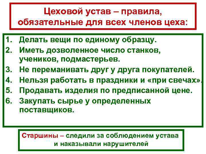   Цеховой устав – правила,  обязательные для всех членов цеха: 1. Делать