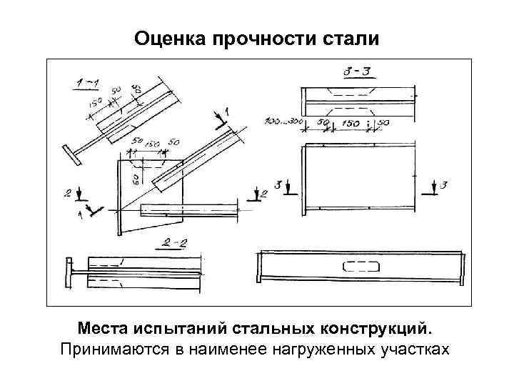   Оценка прочности стали  Места испытаний стальных конструкций. Принимаются в наименее нагруженных