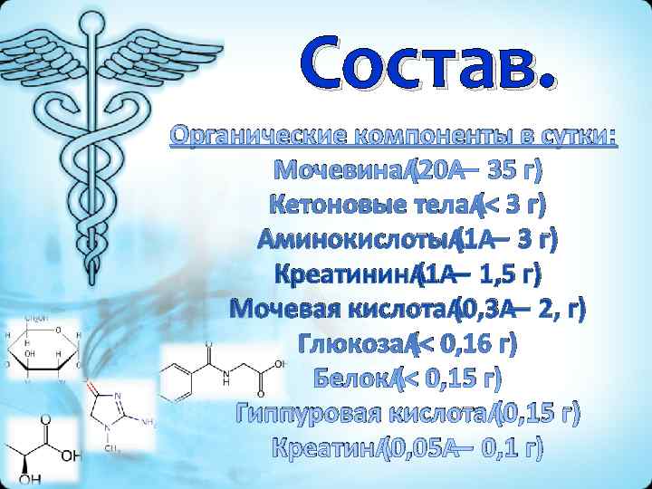    Состав. Органические компоненты в сутки:   Мочевина (20 — 35