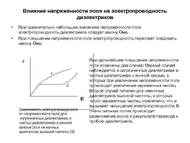 Влияние напряженности поля на электропроводность    диэлектриков •  При сравнительно