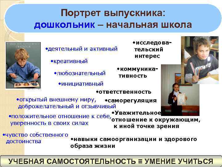    Портрет выпускника:  дошкольник – начальная школа    •