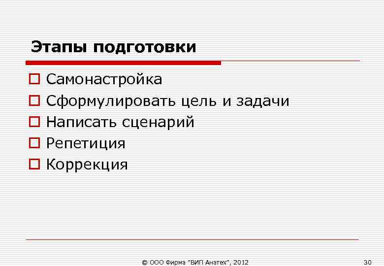 Этапы подготовки o Самонастройка o Сформулировать цель и задачи o Написать Этапы подготовки o Самонастройка o Сформулировать цель и задачи o Написать