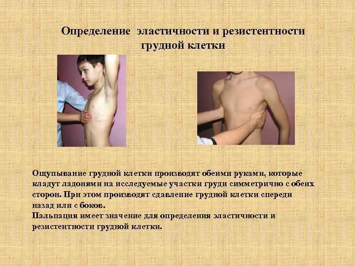  Определение эластичности и резистентности    грудной клетки Ощупывание грудной клетки производят