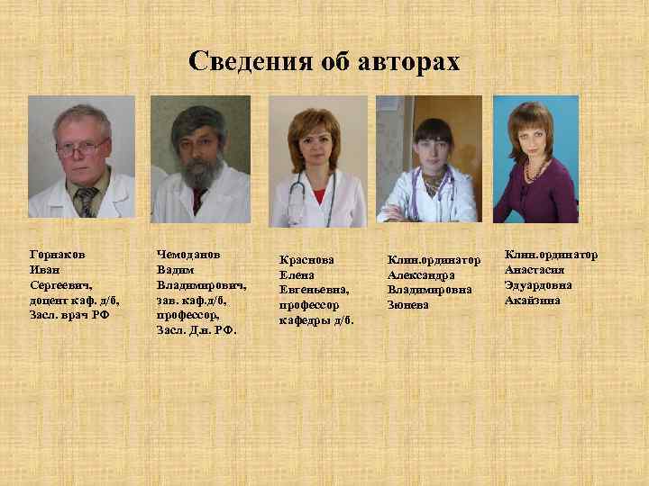 Сведения об авторах Горнаков Иван Сергеевич, доцент каф. д/б, Засл. врач РФ Чемоданов Вадим