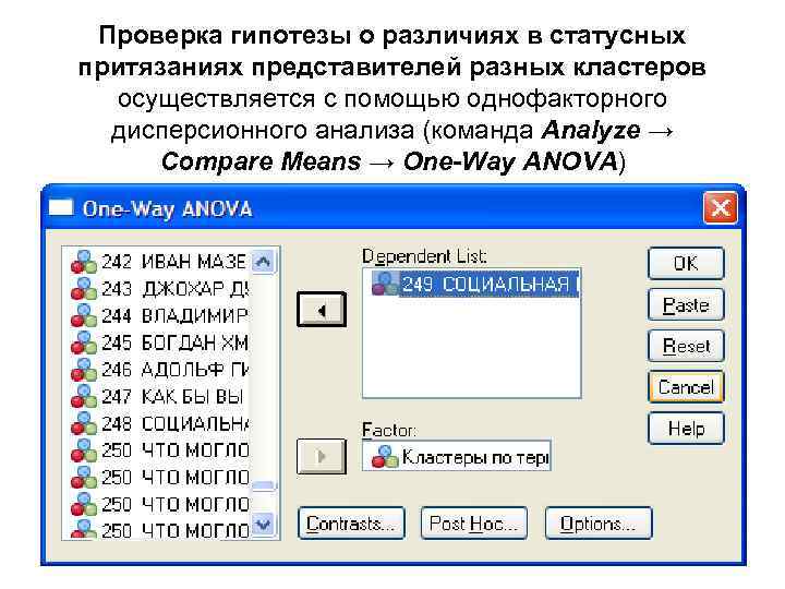  Проверка гипотезы о различиях в статусных притязаниях представителей разных кластеров  осуществляется с