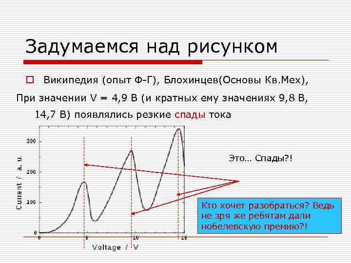  Задумаемся над рисунком o Википедия (опыт Ф-Г), Блохинцев(Основы Кв. Мех),  При значении