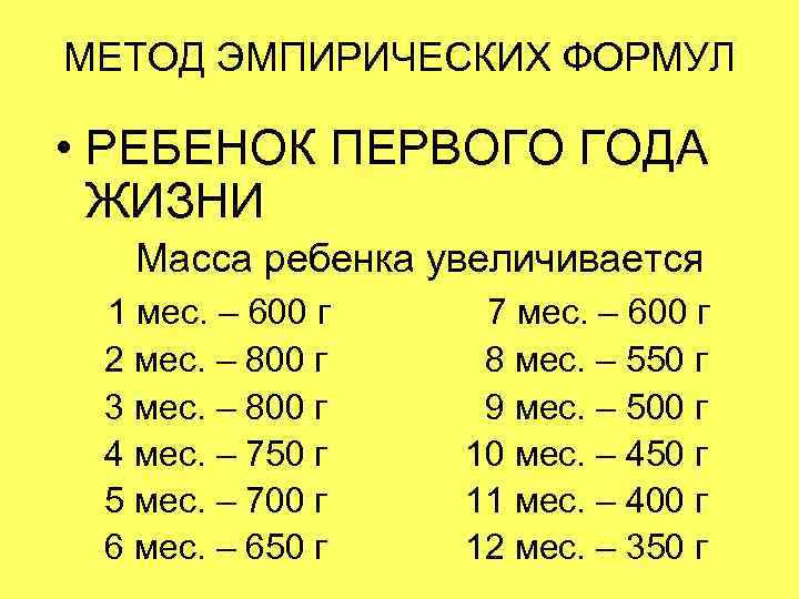 МЕТОД ЭМПИРИЧЕСКИХ ФОРМУЛ  • РЕБЕНОК ПЕРВОГО ГОДА  ЖИЗНИ  Масса ребенка увеличивается