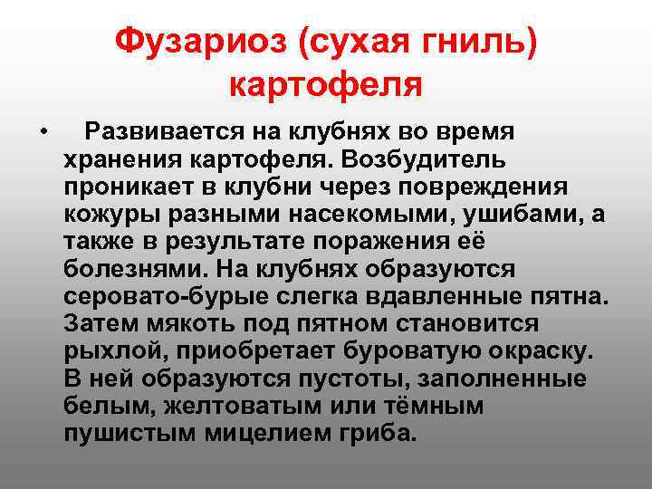  Фузариоз (сухая гниль)   картофеля • Развивается на клубнях во время