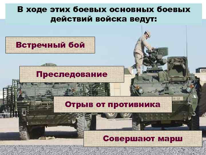 В ходе этих боевых основных боевых  действий войска ведут:  Встречный бой Преследование