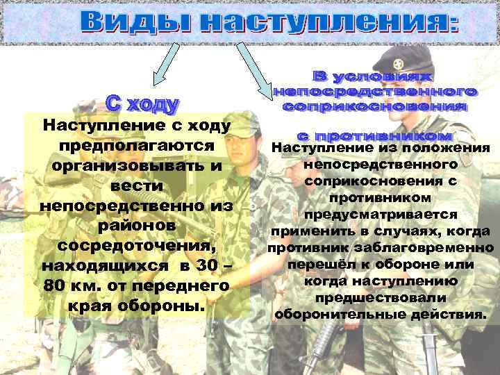Наступление с ходу  предполагаются Наступление из положения организовывать и   непосредственного 