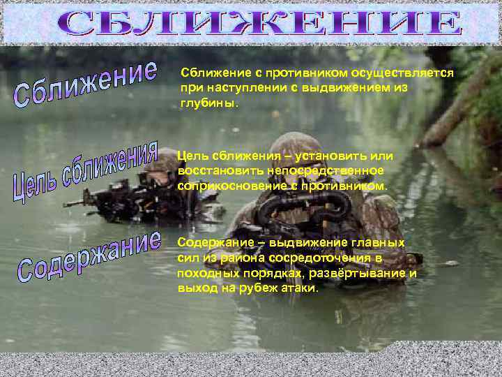 Сближение с противником осуществляется при наступлении с выдвижением из глубины. Цель сближения – установить