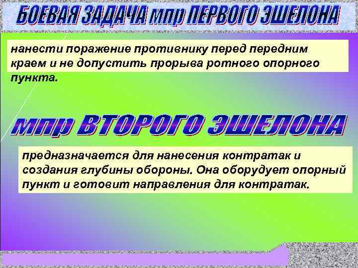 нанести поражение противнику передним краем и не допустить прорыва ротного опорного пункта.  предназначается