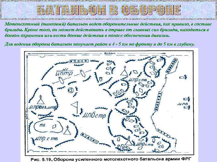 Мотопехотный (танковый) батальон ведет оборонительные действия, как правило, в составе бригады. Кроме того, он