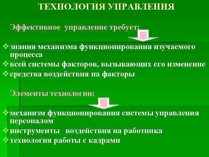   ТЕХНОЛОГИЯ УПРАВЛЕНИЯ  Эффективное управление требует:  v знания механизма функционирования изучаемого