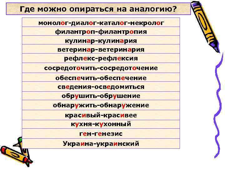 Где можно опираться на аналогию? монолог-диалог-каталог-некролог  филантроп-филантропия   кулинар-кулинария  ветеринар-ветеринария 