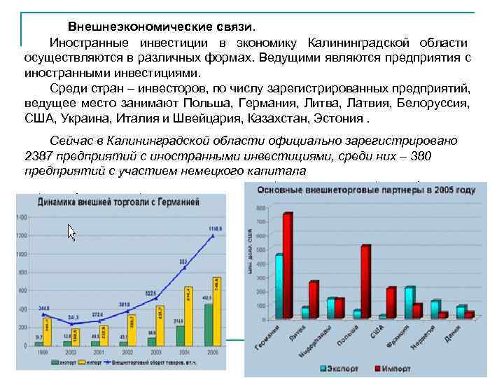  Внешнеэкономические связи. Иностранные инвестиции в экономику Калининградской области осуществляются в различных формах. Ведущими