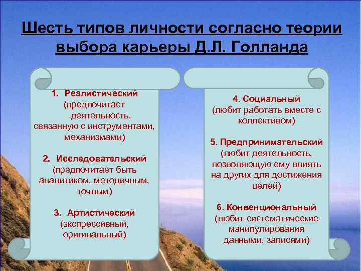 Шесть типов личности согласно теории  выбора карьеры Д. Л. Голланда  1. Реалистический