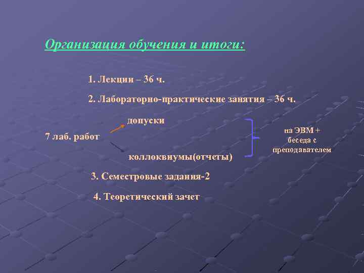 Организация обучения и итоги:  1. Лекции – 36 ч.  2. Лабораторно-практические занятия