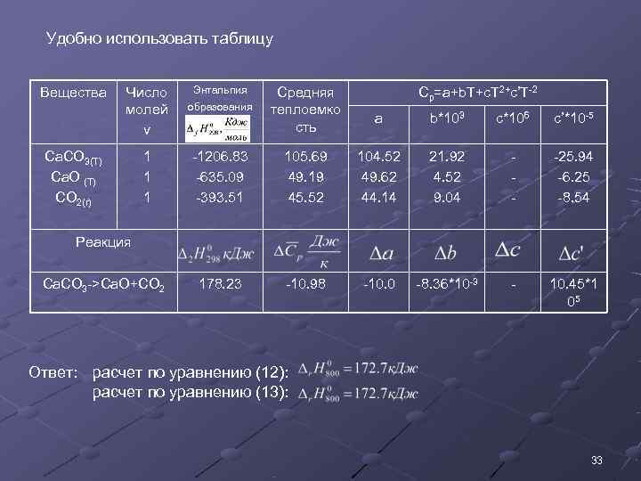 Удобно использовать таблицу  Вещества  Число  Энтальпия Средняя   Cp=a+b.