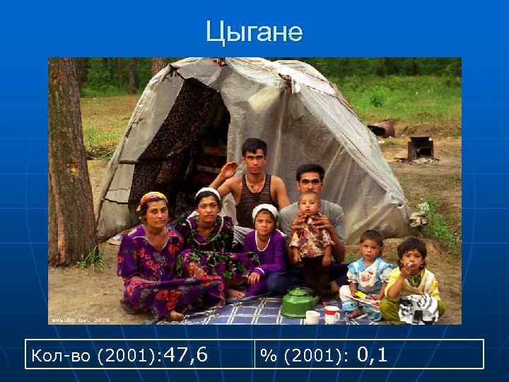    Цыгане Кол-во (2001): 47, 6  % (2001): 0, 1 
