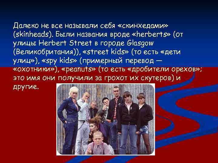 Далеко не все называли себя «скинхедами» (skinheads). Были названия вроде «herberts» (от улицы Herbert