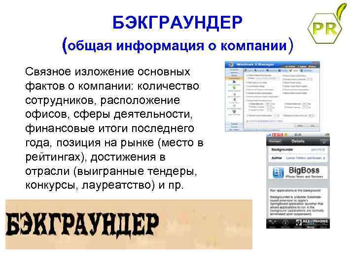    БЭКГРАУНДЕР  (общая информация о компании) Связное изложение основных фактов о