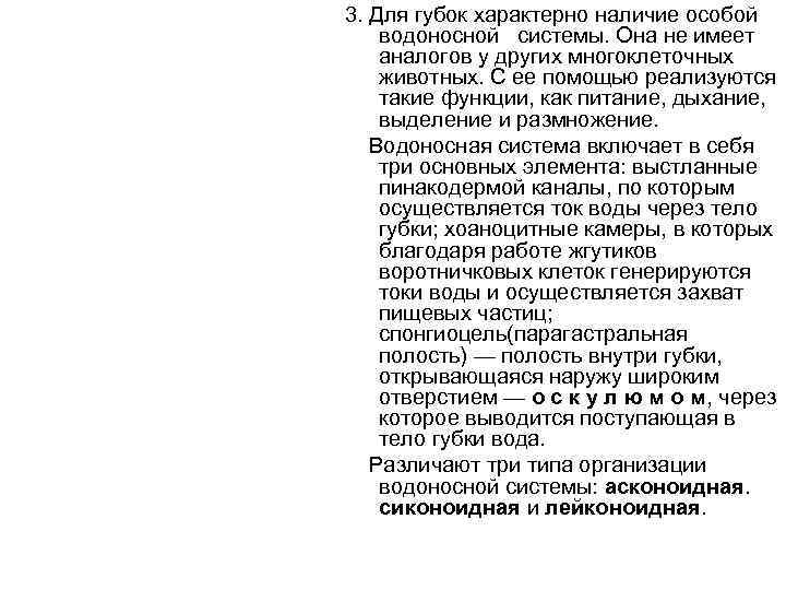 3. Для губок характерно наличие особой водоносной системы. Она не имеет аналогов у других