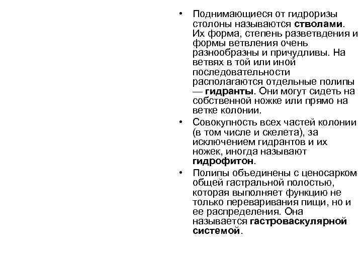  • Поднимающиеся от гидроризы  столоны называются стволами.  Их форма, степень разветвдения