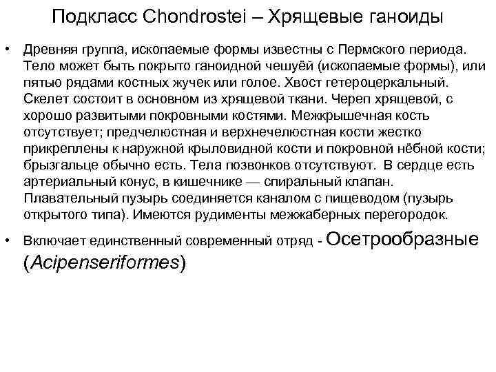  Подкласс Chondrostei – Хрящевые ганоиды • Древняя группа, ископаемые формы известны с Пермского