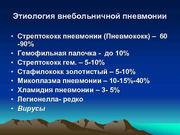 Этиология внебольничной пневмонии  • Стрептококк пневмонии (Пневмококк) – 60  -90% • Гемофильная