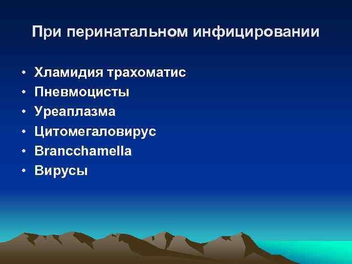   При перинатальном инфицировании  •  Хламидия трахоматис •  Пневмоцисты •